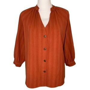 Ellison Boho Top Blouse Stripe Button Down 3/4 Sleeve Linen Cotton Women Medium